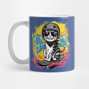 A unique and fun design featuring a stylish cat wearing a helmet and skateboarding. (2) Mug